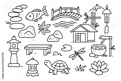 Zen Temple Garden. Temple garden visit. Hand-drawn doodle illustration Temple garden visit stone path, koi fish, arched bridge, raked sand, bamboo fence, moss