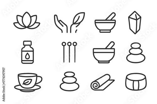 Alternative Therapy Icons. Alternative therapy. Line icon set of alternative therapy: lotus, caring hands, leaf, mortar and pestle, essential oil bottle,