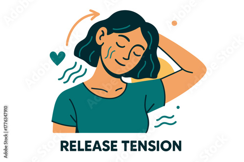 Serene Stretch Moment. Neck and shoulder stretch. Close-up of a person gently tilting head side to side, lines illustrating relaxation flow; ?release tension?