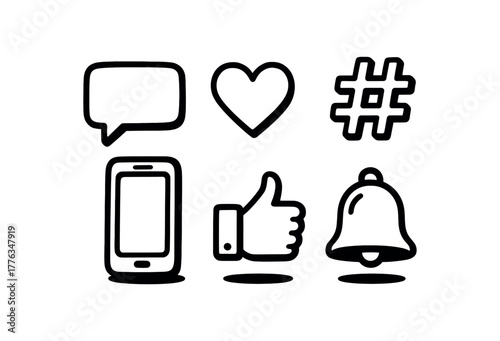 minimal black and white doodle illustration of social media set including chat bubble heart hashtag smartphone like button and notification bell bold black outline simple details strong