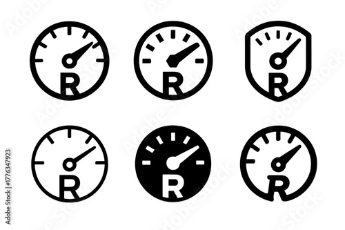 Insulation Logo Variations. Insulation R-value planning. Set Logo of Insulation R-value planning: gauge dial with R. harmonious logo variations of the same