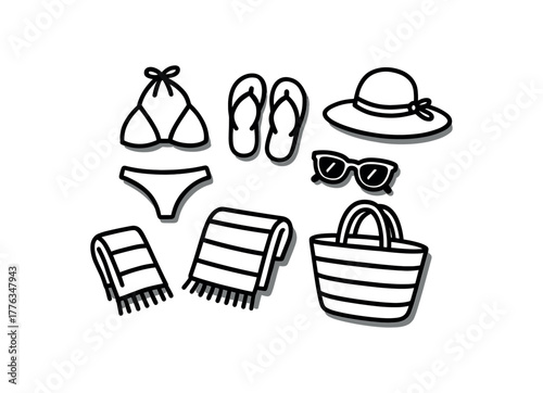 minimal black and white doodle illustration of clothing and accessories including swimsuit flip flops beach hat sunglasses towel and beach bag bold black outline simple details strong