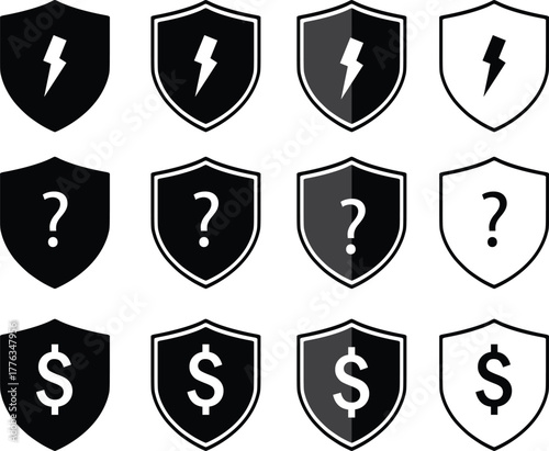 set of shields power ban ,question ,doller icon vector set