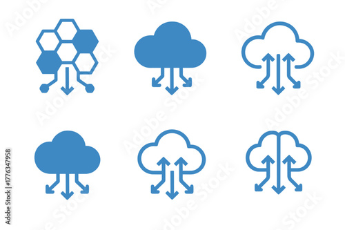 Cloud Technology Logos. Cloud technology. Set Logo of Cloud technology: CDN edge network. Icon set. harmonious logo variations of the same emblematic concept,