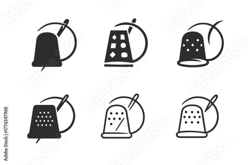 Hand Stitching Logos. Hand stitching. Set Logo of Hand stitching: thimble and curved needle motion. harmonious logo variations of the same emblematic concept,