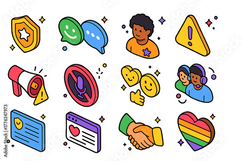 Colorful Community Icons. Online community support. Colorful isometric vector icons set of Online community support: community moderator badge, positive chat