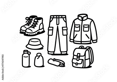 minimal black and white doodle illustration of clothing and accessories including hiking cargo pants jacket backpack hat and water bottle bold black outline simple details strong shadow