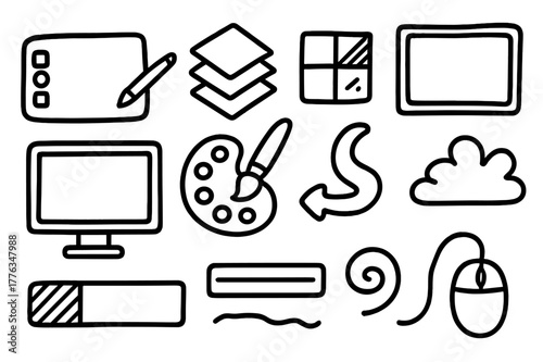 Digital Art Icons. Digital painting. Hand-drawn doodle illustration digital painting tablet, stylus, monitor, layers icon, color picker, brush icon, undo