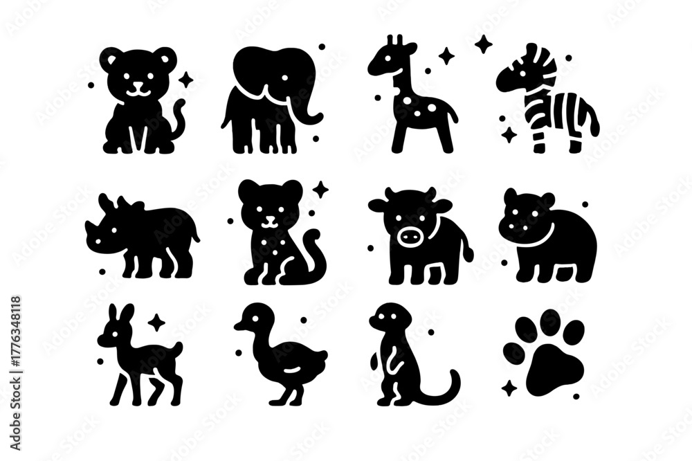 Fototapeta premium Savanna Baby Animals Icons. Young Animals of the Savanna. Solid icons set of Young Animals of the Savanna: lion cub, baby elephant, giraffe calf, zebra foal,