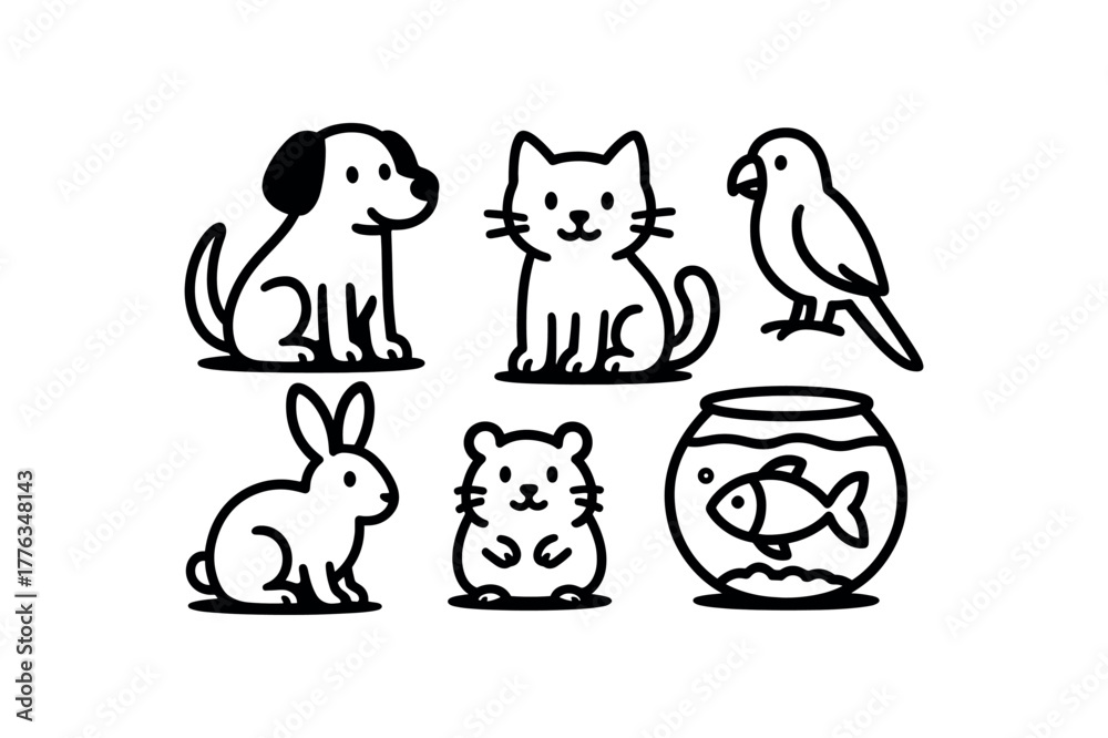 Naklejka premium minimal black and white doodle illustration of domestic animals set including dog cat rabbit hamster parrot and fish bold black outline simple details strong shadow effect isolated on white