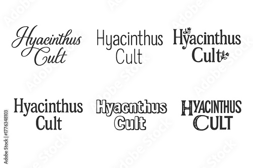 Hyacinthus Lettering Variations. Hyacinthus Cult. Set lettering. harmonious lettering variations of the same emblematic concept, each with different artistic