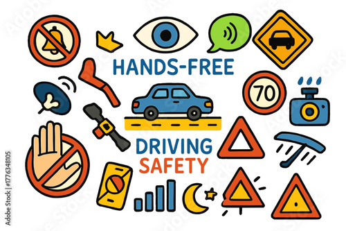 Hands-Free Driving Icons. Hands-free driving safety. Colorful Hand-drawn doodle Children illustration Hands-free driving safety eyes on road icon, do not