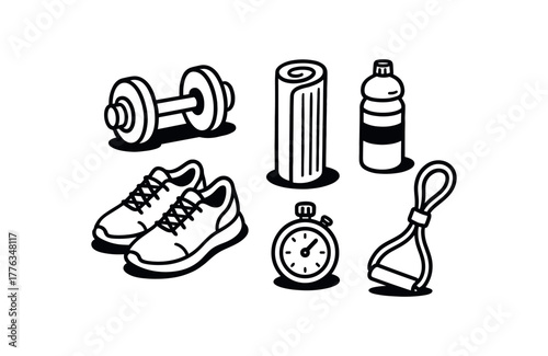 minimal black and white doodle illustration of fitness set including dumbbell yoga mat water bottle sneakers stopwatch and resistance band bold black outline simple details strong shadow
