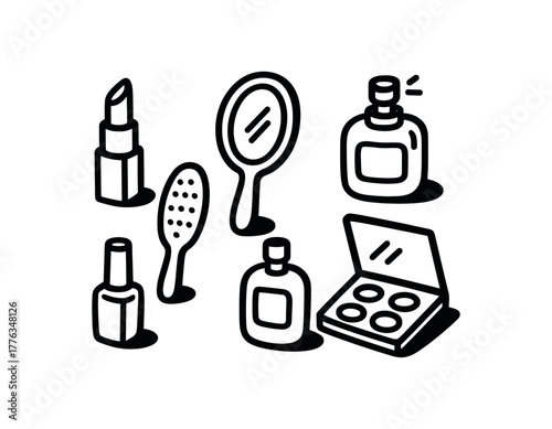 minimal black and white doodle illustration of beauty set including lipstick hairbrush mirror perfume nail polish and makeup palette bold black outline simple details strong shadow effect