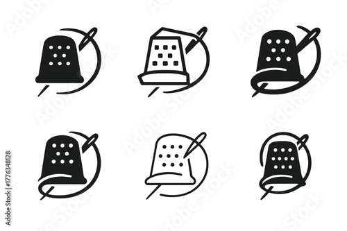 Harmonious Stitching Logos. Hand stitching. Set Logo of Hand stitching: thimble and curved needle motion. harmonious logo variations of the same emblematic