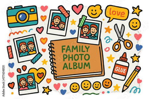Family Photo Memories. Family photo album. Colorful Hand-drawn doodle Children illustration Family photo album scrapbook, stickers, camera, hearts, Polaroid