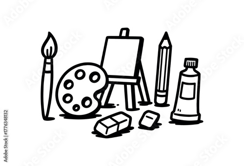 minimal black and white doodle illustration of art supplies set including paintbrush palette easel pencil eraser and paint tube bold black outline simple details strong shadow effect