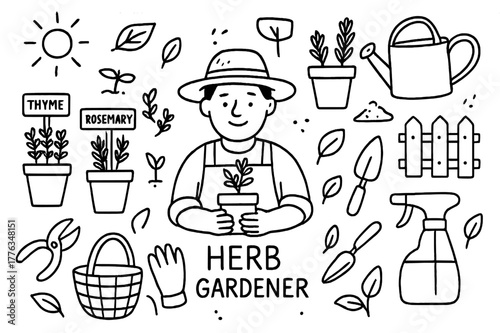 Herb Gardening Tools. Herb gardener. Hand-drawn doodle illustration herb gardener pots, scissors, labels, herbs, watering can, gloves, basket,