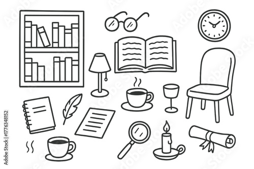 Library Study Doodles. Library study. Hand-drawn doodle illustration library study bookshelf, open book, reading lamp, glasses, coffee cup, chair, notebook,