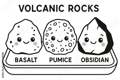 Cute Volcanic Rocks. Volcanic rocks children?s coloring book illustration, outlined drawing, three cute rock characters labeled basalt, pumice, and obsidian