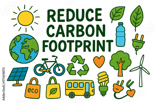 Eco-Friendly Doodle Art. Reduce Carbon Footprint. Colorful Hand-drawn doodle Children illustration Reduce Carbon Footprint earth, footprint, leaf, recycle