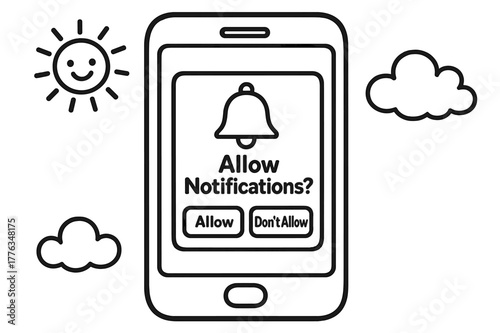 Coloring Notification Screen. Notification permission dialog children?s coloring book illustration, outlined drawing, a phone screen with a simple pop-up