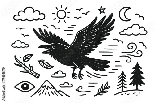 Raven's Soaring Journey. Raven flight. Hand-drawn doodle illustration Raven flight wings spread, feather trail, sky, clouds, mountain, branch, flock of birds,