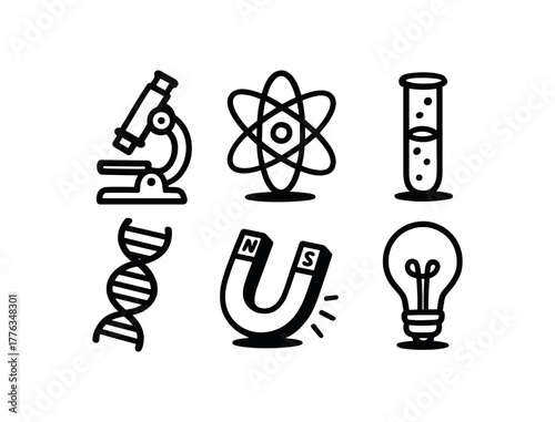 minimal black and white doodle illustration of science set including microscope atom test tube dna strand magnet and light bulb bold black outline simple details strong shadow effect
