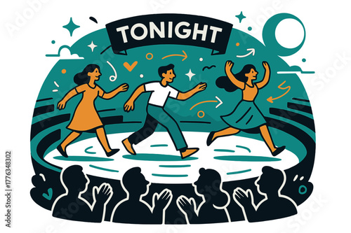 Amphitheater Moonlit Performance. Open-Air Amphitheater Performance. Actors stride across a semicircular stage; moonlight washes the stone tiers as ?Tonight?