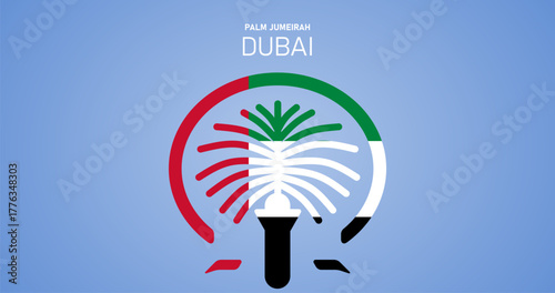 Illustration of United Arab Emirates Flag in Jumeirah Palm Island Shape on Gradient Blue Background
