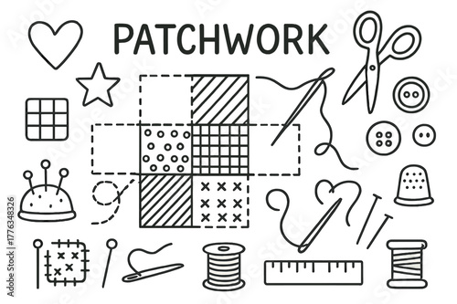 Patchwork Quilting Tools. Patchwork quilting. Hand-drawn doodle illustration patchwork quilting fabric squares, stitching lines, heart, star, needle, thread,