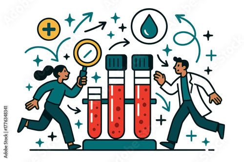 Vibrant Medical Diagnostics. Blood test. Close-up of blood vials with abstract floating icons, arrows, and sparkles; emphasizes testing, analysis,