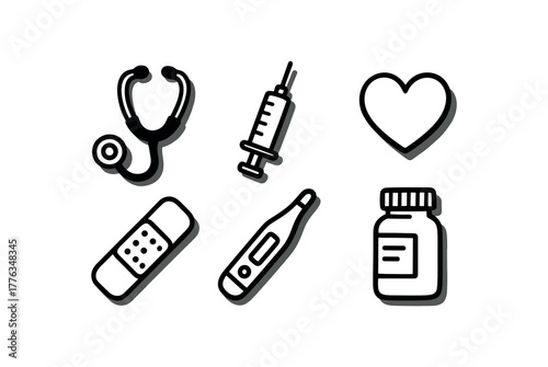 minimal black and white doodle illustration of medical and healthcare set including stethoscope syringe pill bottle thermometer bandage and heart bold black outline simple details strong