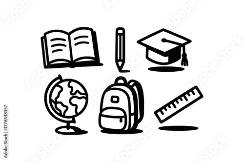 minimal black and white doodle illustration of education set including open book pencil graduation cap globe backpack and ruler bold black outline simple details strong shadow effect