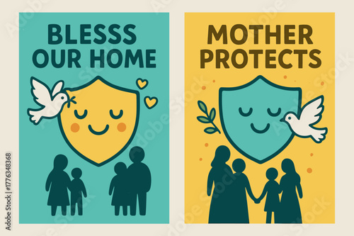Family Guardian Banners. Guardian of Families. Two vertical A6 banners with safe margins, centered composition, no elements touching edges, cartoon, turquoise
