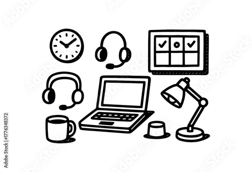 minimal black and white doodle illustration of remote work set including laptop headset coffee mug task board desk lamp and clock bold black outline simple details strong shadow effect