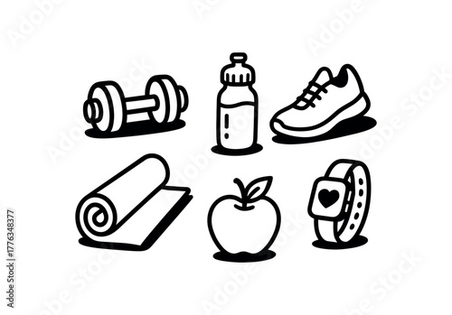 minimal black and white doodle illustration of fitness and healthy lifestyle set including dumbbell water bottle running shoe yoga mat and smartwatch bold black outline simple details