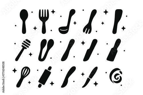Handcrafted Wooden Utensils Icons. Handmade Wooden Utensils. Solid icons set of Handmade Wooden Utensils: spoon, fork, ladle, spatula, honey dipper, salad