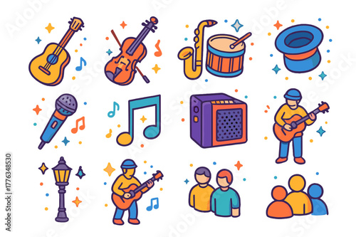Street Music Icons. Street performance. Colorful isometric vector icons set of street performance: guitar, violin, saxophone, drum, accordion, hat for tips,