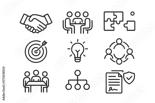 Teamwork Icon Set. Teamwork and Cooperation in Business. Line icon set of Teamwork and Cooperation in Business: handshake, group discussion, puzzle pieces,