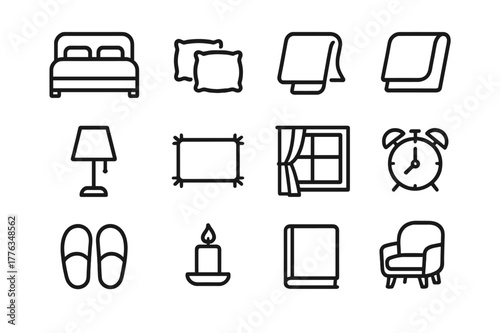 Bedroom Comfort Icons. Bedroom Comfort. Line icon set of Bedroom Comfort: bed, pillows, blanket, bedside lamp, rug, curtain, window, alarm clock, slippers,