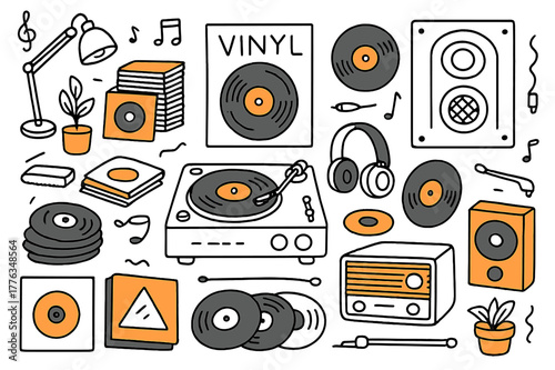 Colorful Vinyl Setup. Vinyl display. Hand-drawn doodle illustration record player (colored), vinyl records (colored), turntable (colored), speaker (colored),