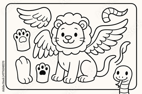 Chimera Coloring Fun. Create your own chimera children?s coloring book illustration, outlined drawing, mix-and-match animal parts like wings, tails, and paws