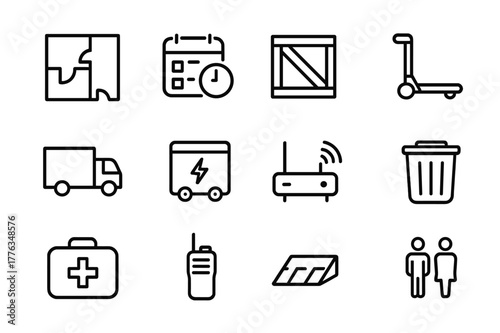 Event Logistics Icons. Event Logistics. Line icon set of event logistics: floor plan, schedule, crate, pallet jack, loading truck, power generator, wifi