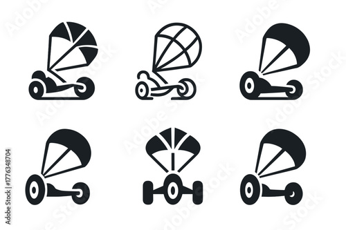 Kite Buggy Logos. Kite buggy. Set Logo of Kite buggy: traction kite towing sand buggy. harmonious logo variations of the same emblematic concept, each with