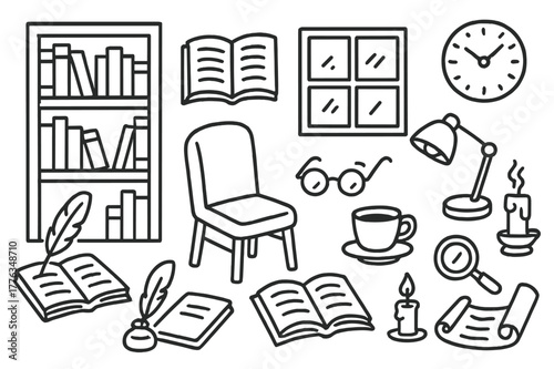 Library Study Doodle. Library study. Hand-drawn doodle illustration library study bookshelf, open book, reading lamp, glasses, coffee cup, chair, notebook,