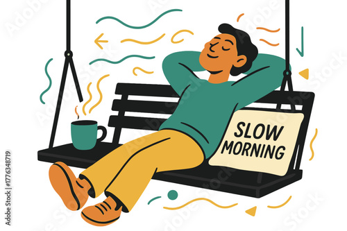 Cozy Porch Relaxation. Sitting on a porch swing and enjoying the fresh air. Person leaning back with eyes closed, breeze tracing soft lines around them; mug of