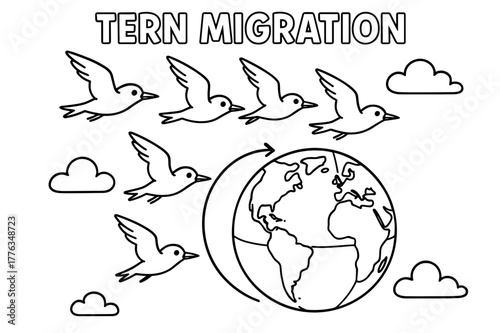 Tern Migration Coloring Page. Tern migration children?s coloring book illustration, outlined drawing, a flock of small terns flying in a V formation across the