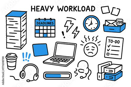 High-Stress Workload Chaos. // Heavy workload. Hand-drawn doodle illustration Heavy workload [stacked papers (accented), laptop, deadlines calendar (accented),