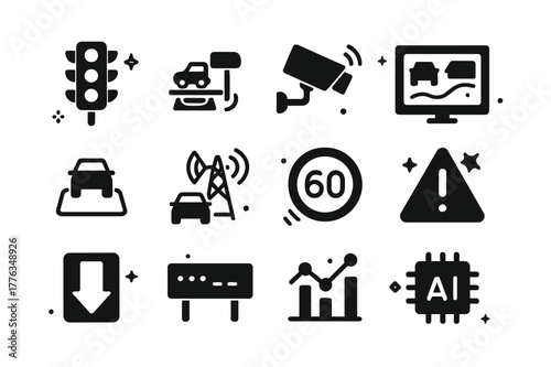 Smart Traffic Icons. Smart traffic management. Solid icons set of smart traffic management: adaptive signal, traffic sensor, CCTV camera, control center